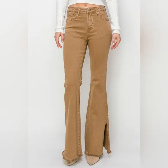 RISEN Bailey High-Rise Waist Jeans Split Slit Flare Frayed Hem Slim Denim Pants