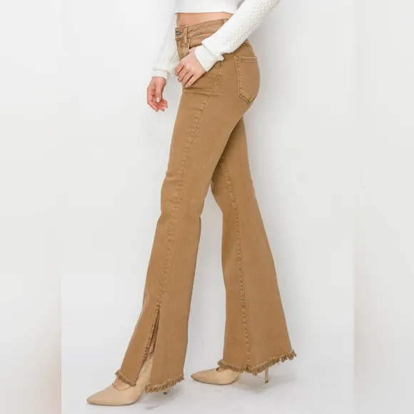 RISEN Bailey High-Rise Waist Jeans Split Slit Flare Frayed Hem Slim Denim Pants