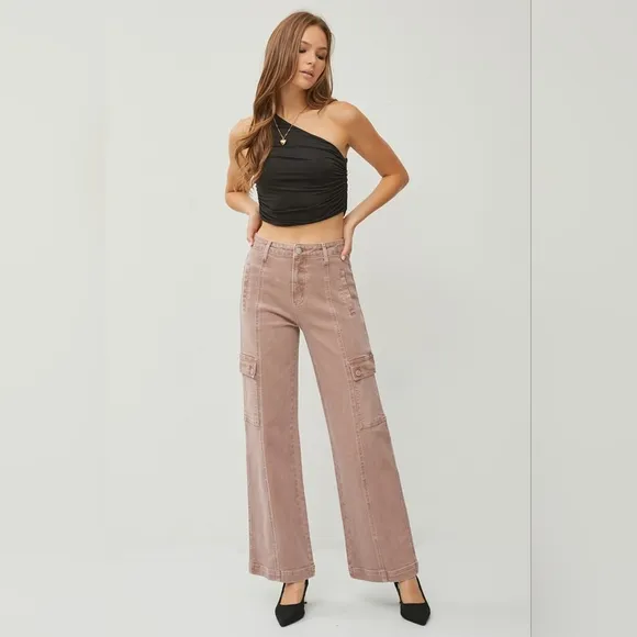 RISEN Cargo High-Rise Retro 90s Denim Pants Boyfriend Fit Wide Leg Utility Jeans