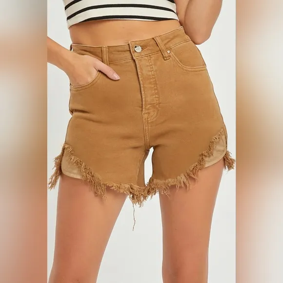 RISEN Cutoff High Rise Waist Distressed Moca Denim Frayed Mid-length Jean Shorts