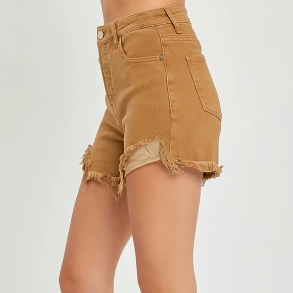 RISEN Cutoff High Rise Waist Distressed Moca Denim Frayed Mid-length Jean Shorts