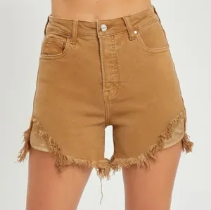 RISEN Cutoff High Rise Waist Distressed Moca Denim Frayed Mid-length Jean Shorts