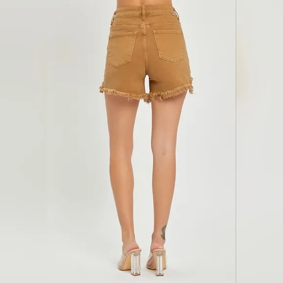 RISEN Cutoff High Rise Waist Distressed Moca Denim Frayed Mid-length Jean Shorts