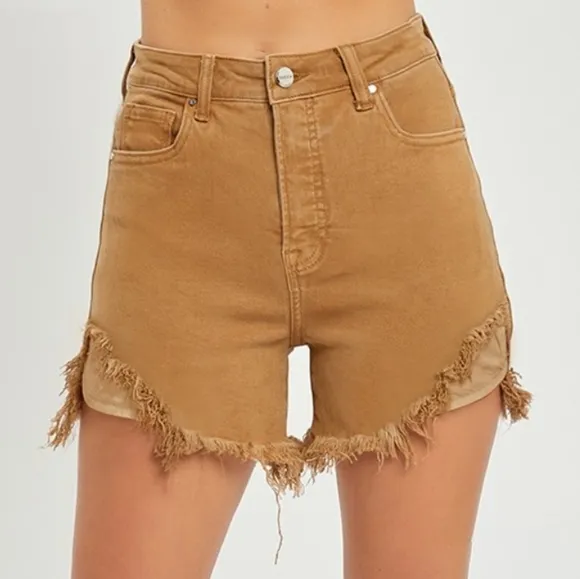 RISEN Cutoff High Rise Waist Distressed Moca Denim Frayed Mid-length Jean Shorts