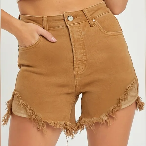 RISEN Cutoff High Rise Waist Distressed Moca Denim Frayed Mid-length Jean Shorts
