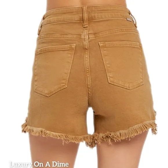 RISEN Cutoff High Rise Waist Distressed Moca Denim Frayed Mid-length Jean Shorts