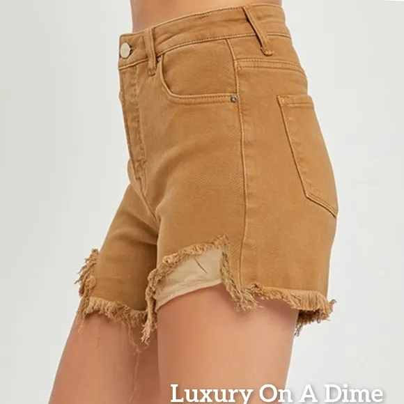 RISEN Cutoff High Rise Waist Distressed Moca Denim Frayed Mid-length Jean Shorts