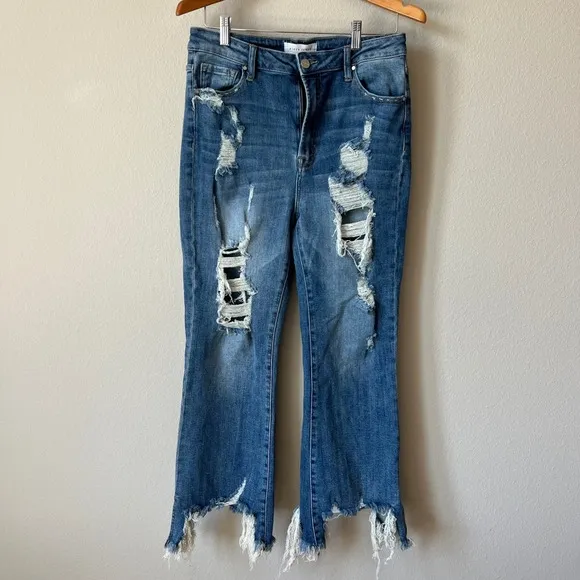 Risen Jeans Distressed Frayed Hem Cropped Flare Dark Denim Jeans Size 32 Waist