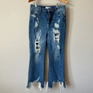 Risen Jeans Distressed Frayed Hem Cropped Flare Dark Denim Jeans Size 32 Waist