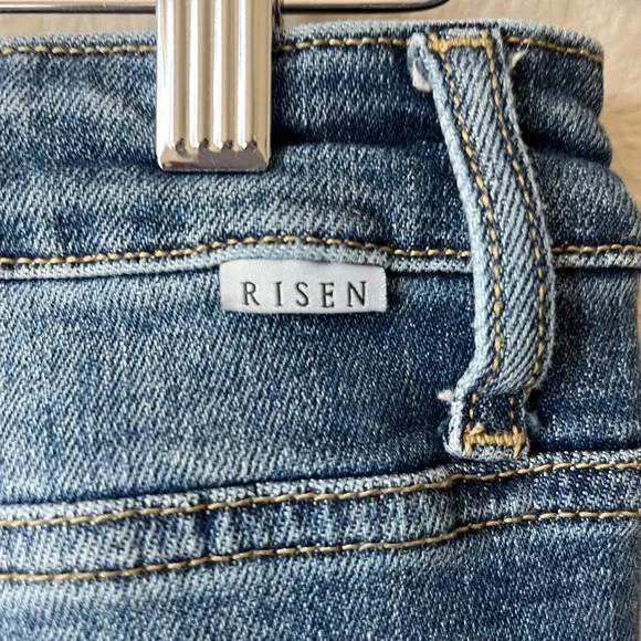 Risen Jeans Distressed Frayed Hem Cropped Flare Dark Denim Jeans Size 32 Waist