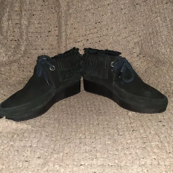 ROBERT CLERGERIE-Naim-Platform Wedge Fringe Ankle Boots Suede Black-SZ 39.5-EX