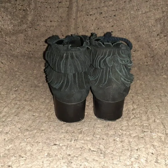 ROBERT CLERGERIE-Naim-Platform Wedge Fringe Ankle Boots Suede Black-SZ 39.5-EX