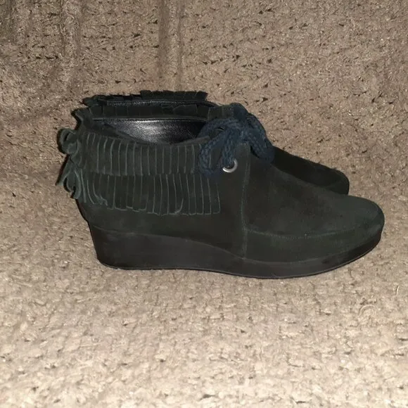 ROBERT CLERGERIE-Naim-Platform Wedge Fringe Ankle Boots Suede Black-SZ 39.5-EX