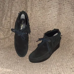 ROBERT CLERGERIE-Naim-Platform Wedge Fringe Ankle Boots Suede Black-SZ 39.5-EX