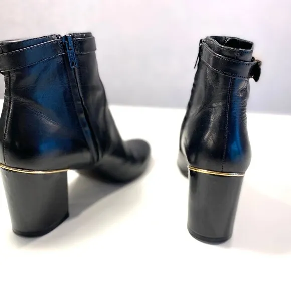 Robert Clergie Leather Ankle Boots, Shiny Patent Heels, Gold Trim, Size 7.5