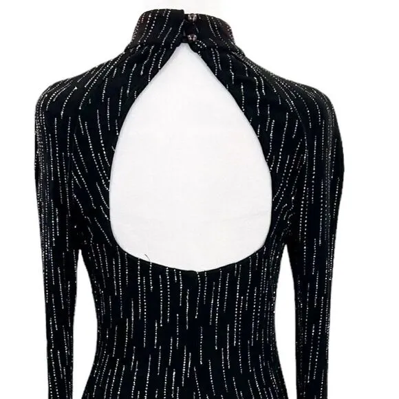 Roberta High Neck Long Sleeve Long Embellishments Black Gown Dress Size Medium