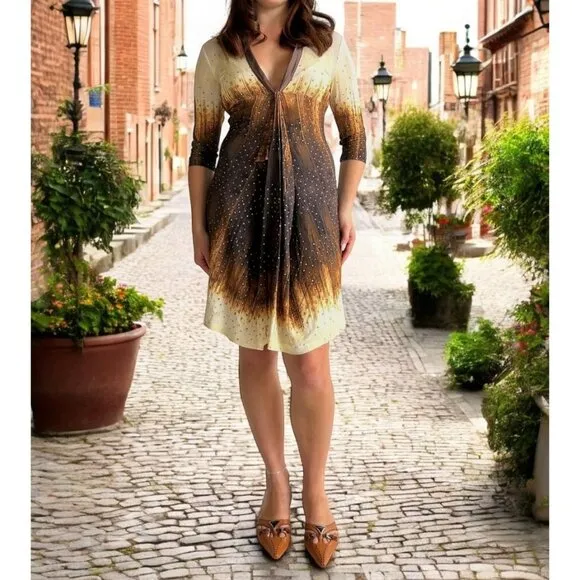 Roberto Cavalli JustCavalli Silk Knit Mini Dress Fit &amp; Flare Brown Cream Small