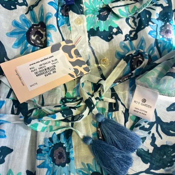 Ros Garden Mumi Dress Tie Waist Tassels Ortensia Blue Quite Luxury NWTSz Small