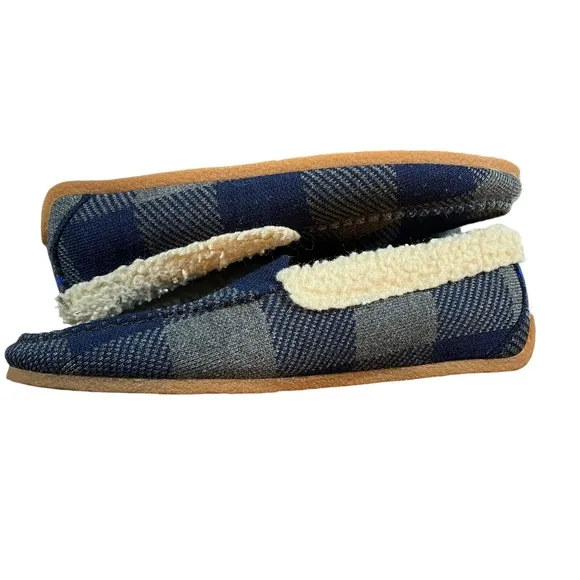 Rothys Slippers Blue Gray Plaid Faux Sherpa Lining Rubber Sole Size 7 Mens