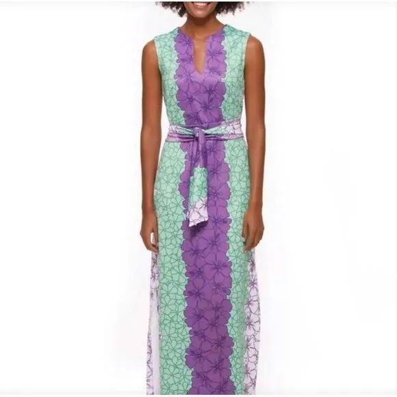 Rulon Reed Morgan Maxi Dress XS Green Purple Hibiscus Belt Sheath Resort