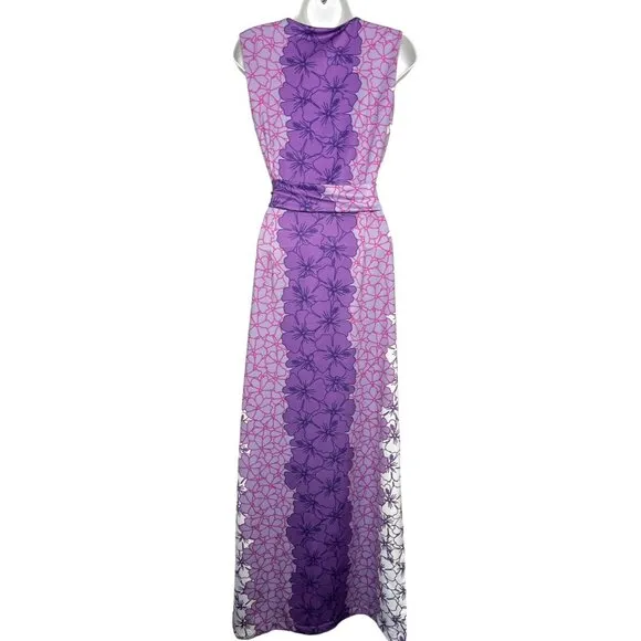 Rulon Reed Morgan Maxi Dress XS Green Purple Hibiscus Belt Sheath Resort