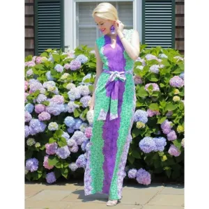 Rulon Reed Morgan Maxi Dress XS Green Purple Hibiscus Belt Sheath Resort