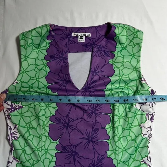 Rulon Reed Morgan Maxi Dress XS Green Purple Hibiscus Belt Sheath Resort