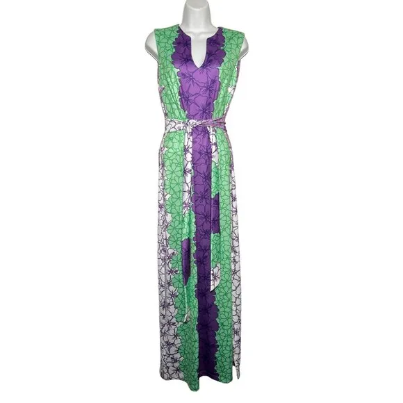 Rulon Reed Morgan Maxi Dress XS Green Purple Hibiscus Belt Sheath Resort