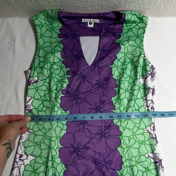 Rulon Reed Morgan Maxi Dress XS Green Purple Hibiscus Belt Sheath Resort