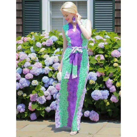 Rulon Reed Morgan Maxi Dress XS Green Purple Hibiscus Belt Sheath Resort