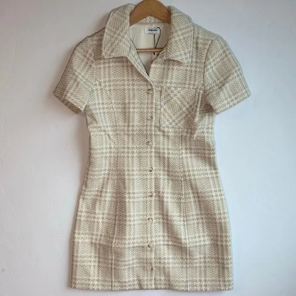 Rumored Notting Hill Mini Dress Chic Minimalist Modern Sz 4 Beige Glen Plaid
