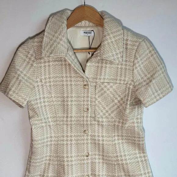 Rumored Notting Hill Mini Dress Chic Minimalist Modern Sz 4 Beige Glen Plaid