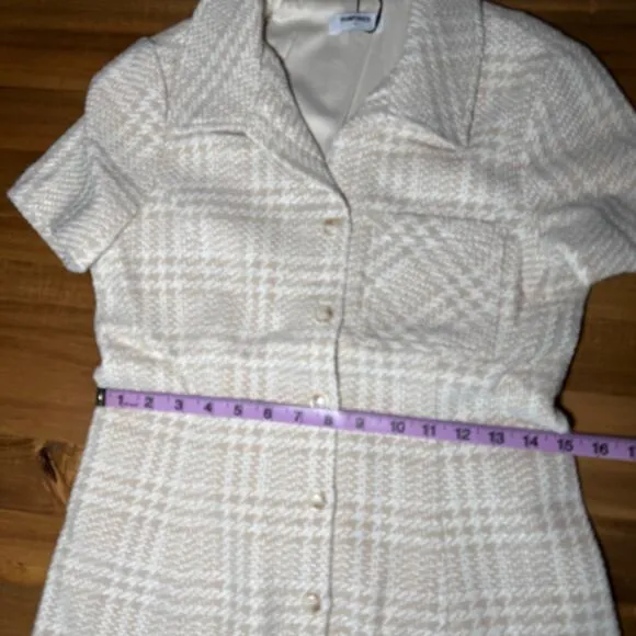 Rumored Notting Hill Mini Dress Chic Minimalist Modern Sz 4 Beige Glen Plaid