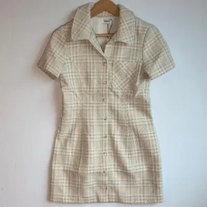 Rumored Notting Hill Mini Dress Chic Minimalist Modern Sz 4 Beige Glen Plaid