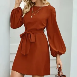 Rust Brown lantern long sleeve mini dress Minimalist Work