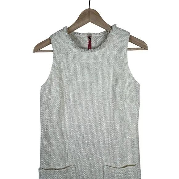Sail To Stable Tweed Sleeveless Mini Dress Sz 0 Cream Raw Hem Neck Glam-Chic