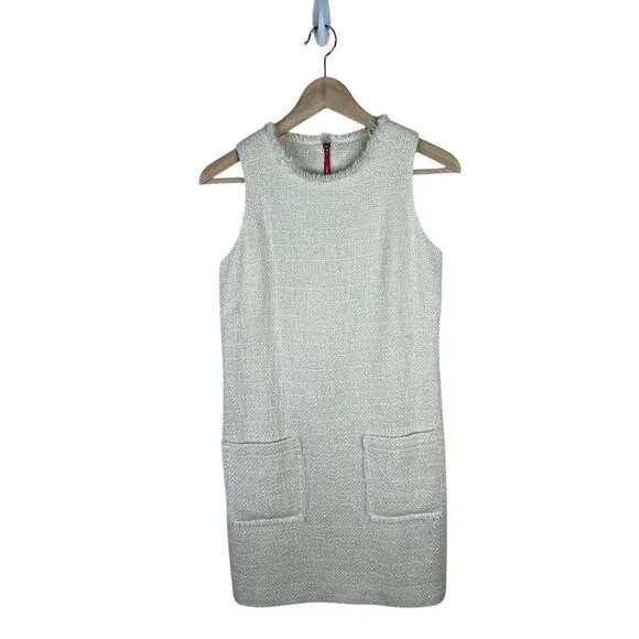 Sail To Stable Tweed Sleeveless Mini Dress Sz 0 Cream Raw Hem Neck Glam-Chic