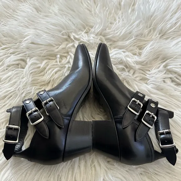 Saint Laurent Black Leather Rock‎ 3 Buckles Ankle Boots Riding Booties 38