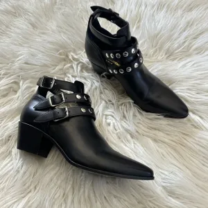 Saint Laurent Black Leather Rock‎ 3 Buckles Ankle Boots Riding Booties 38