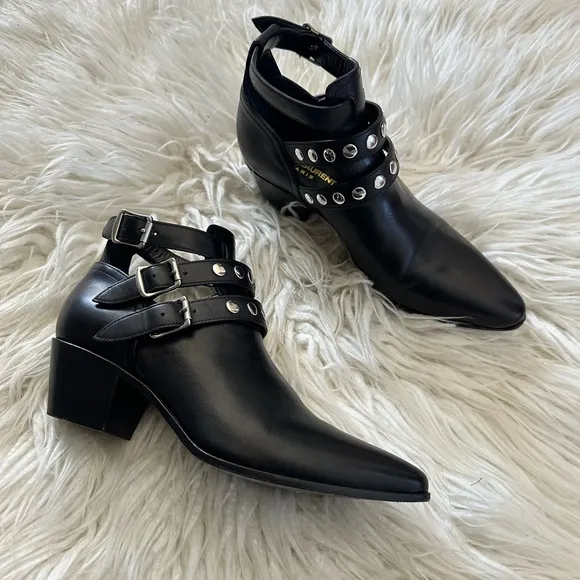 Saint Laurent Black Leather Rock‎ 3 Buckles Ankle Boots Riding Booties 38