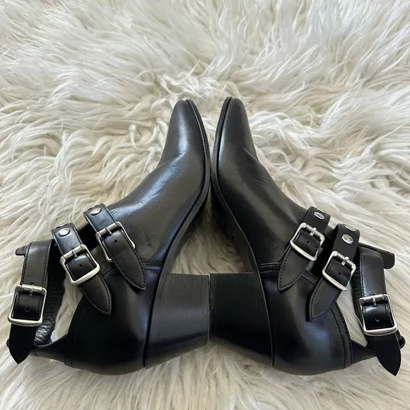 Saint Laurent Black Leather Rock‎ 3 Buckles Ankle Boots Riding Booties 38