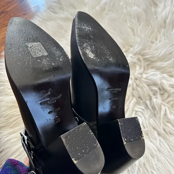 Saint Laurent Black Leather Rock‎ 3 Buckles Ankle Boots Riding Booties 38