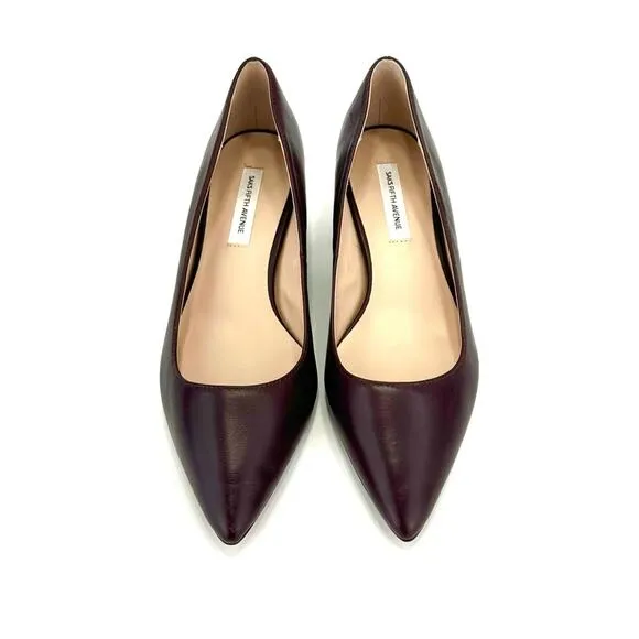 SAKS FIFTH AVENUE &quot;SANDRA&quot; MULBERRY LEATHER CLOSED POINTY TOE BLOCK HEEL PUMPS🆕
