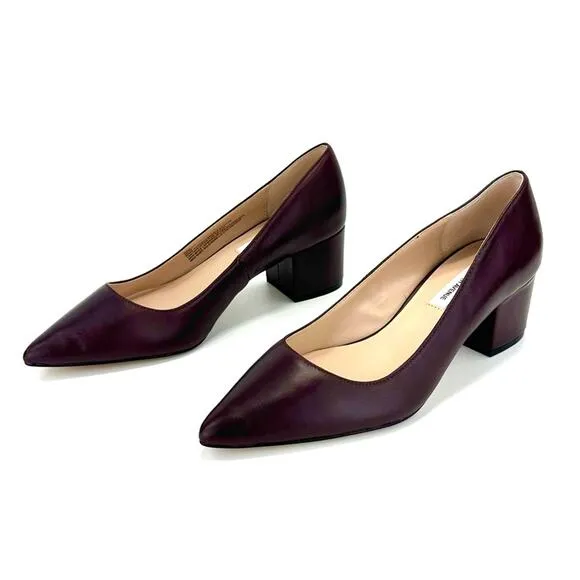 SAKS FIFTH AVENUE &quot;SANDRA&quot; MULBERRY LEATHER CLOSED POINTY TOE BLOCK HEEL PUMPS🆕