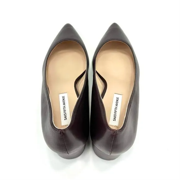 SAKS FIFTH AVENUE &quot;SANDRA&quot; MULBERRY LEATHER CLOSED POINTY TOE BLOCK HEEL PUMPS🆕