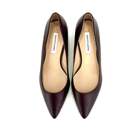 SAKS FIFTH AVENUE &quot;SANDRA&quot; MULBERRY LEATHER CLOSED POINTY TOE BLOCK HEEL PUMPS🆕
