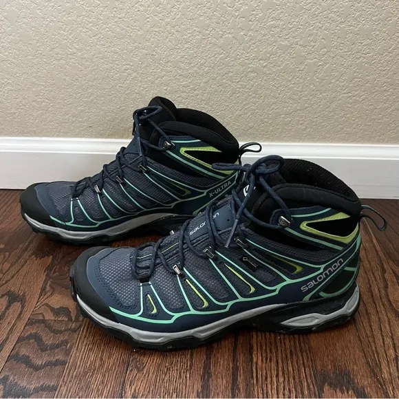 Salomon Women X Ultra Mid 2 GTX Hiking Boots Shoes Size 10 Blue Lace Up Outdoor,