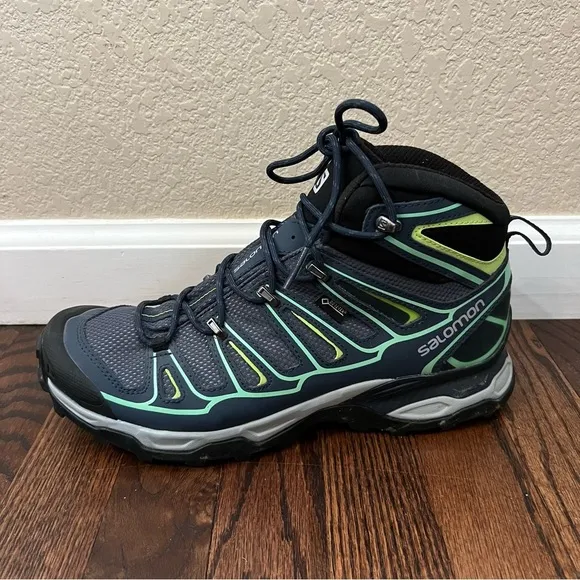 Salomon Women X Ultra Mid 2 GTX Hiking Boots Shoes Size 10 Blue Lace Up Outdoor,