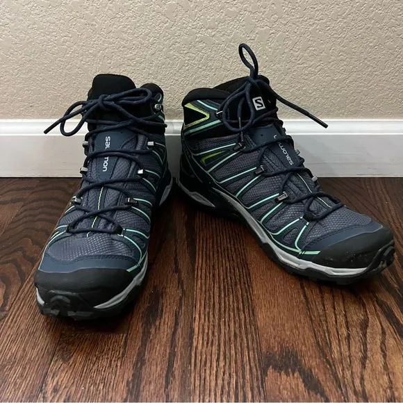 Salomon Women X Ultra Mid 2 GTX Hiking Boots Shoes Size 10 Blue Lace Up Outdoor,