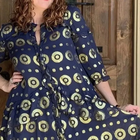 Saloni Tilly Ruffle Dress  Medallion Print Navy and Gold Size 4 Luxury Designer